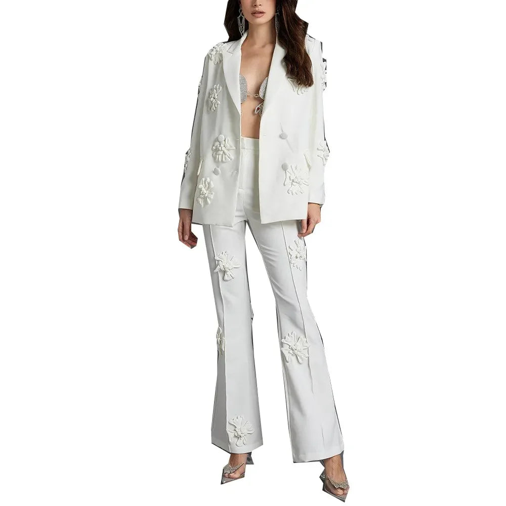 TWOTWINSTYLE Solid Patchwork Appliques Two Piece Sets For Women Lapel Long Sleeve Coat High Waist Pant Chic Set Female Clothing WHITESET