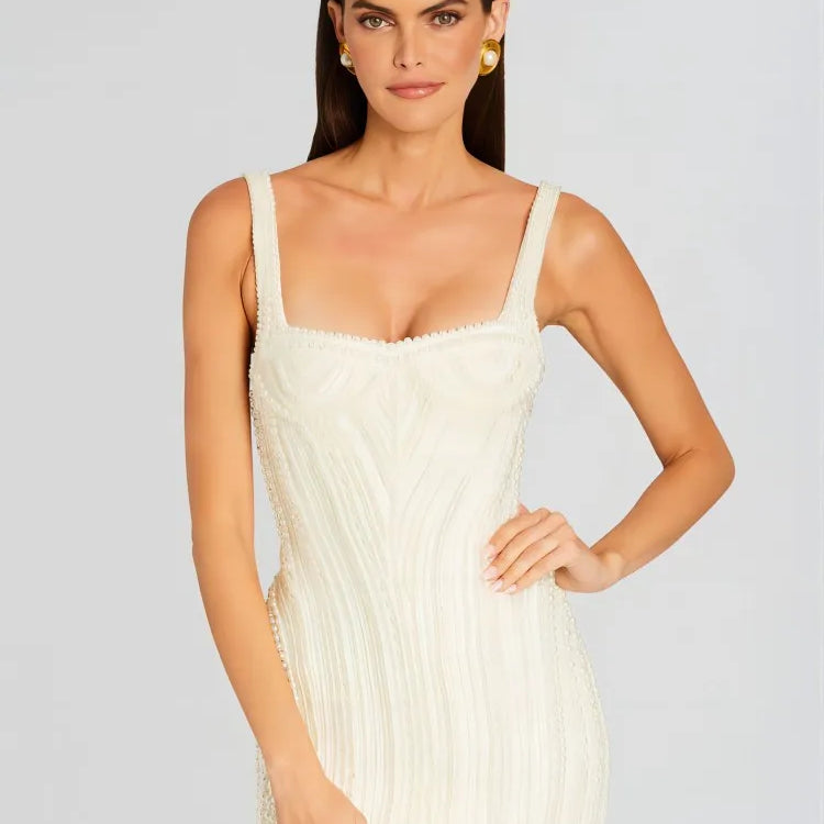 Women Sleeveless Sexy Strap Pearl Beading Bodycon Mini Dress Cute Girls' Birthday Party Celebrate Dress Wholesale