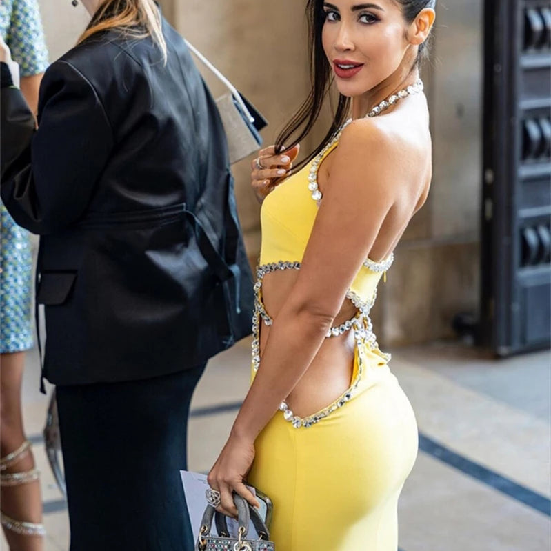 STOCK New Arrival Lemon Yellow Sexy Hollow Out Sparkling Diamonds Ankle Length Bandage Dress Elegant Woman Evening Party Outfit