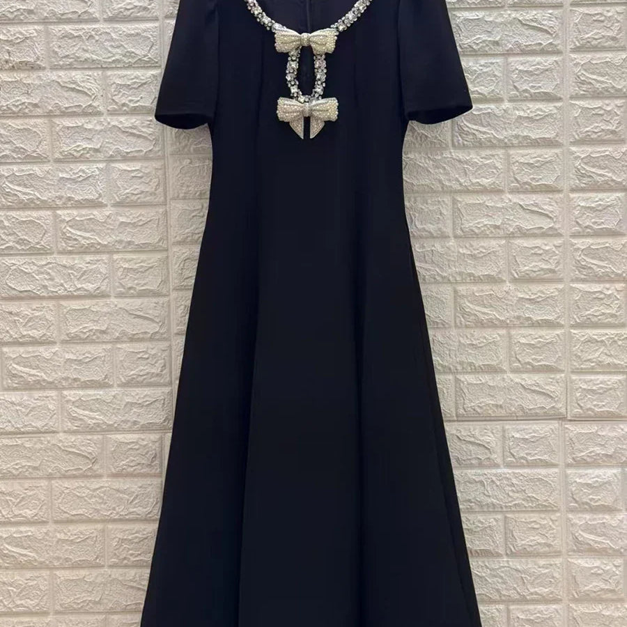 Solid Slimming Spliced Bowknot Elegant Dresses for Women Round Neck Short Sleeves Patchwork Bead Dress Female New