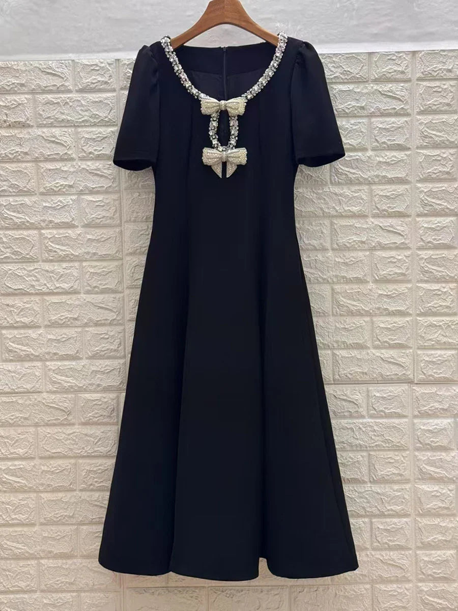 Solid Slimming Spliced Bowknot Elegant Dresses for Women Round Neck Short Sleeves Patchwork Bead Dress Female New