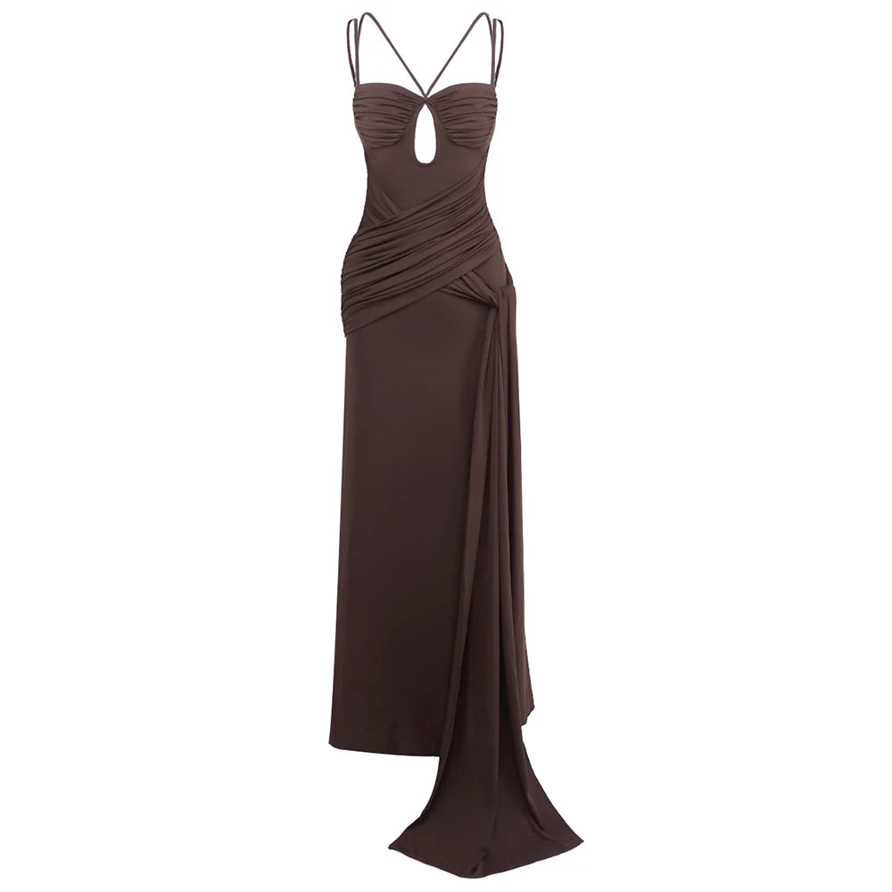 VC Chocolate Brown Strappy Sleeveless Draped Dress with High Slit & Cutout Detail for Formal Dinner Party Gown