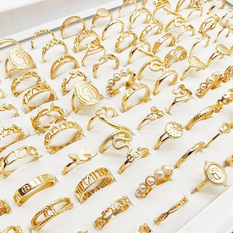 30pc/lot cincin jari warna emas untuk anak perempuan cinta baru ular hewan kupu -kupu cutout bintang mutiara joint ring pesta perhiasan wanita