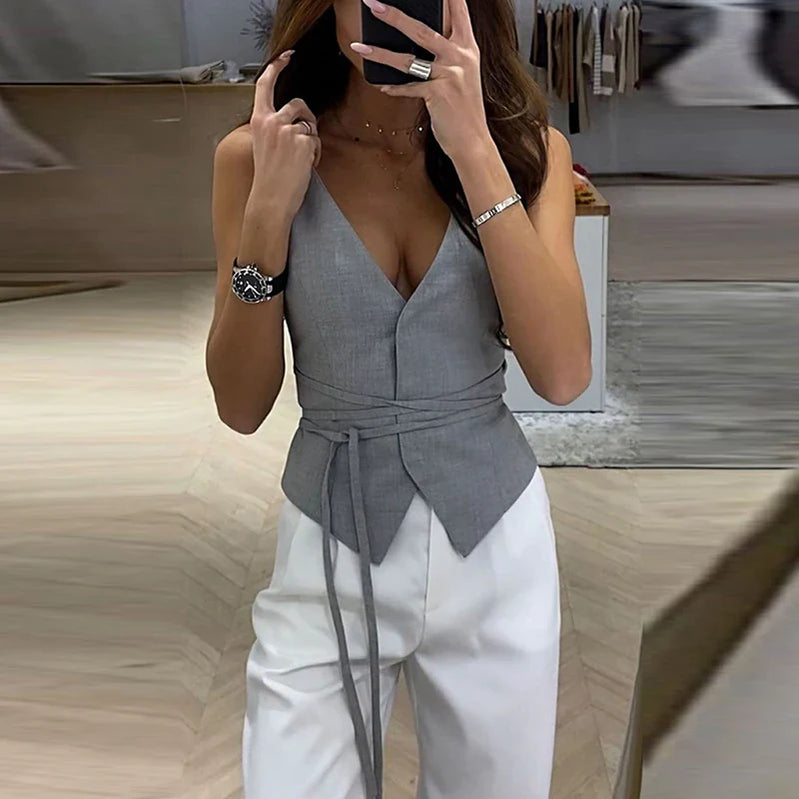 Elegant Chic Lace-up V-neck Women Vest Solid Slim Sleeveless Tops Female Spring Summer Fashion Sexy Lady Streetwear GRAY