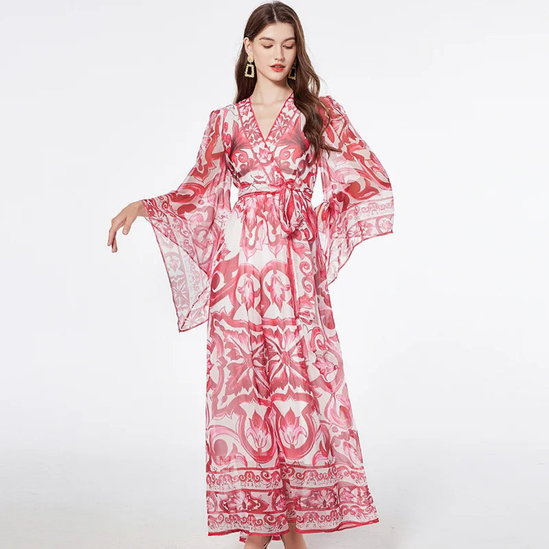 Fashion runway blue white porcelain floral maxi dress for women's summer autumn long sleeve flower printing dresses lady Red