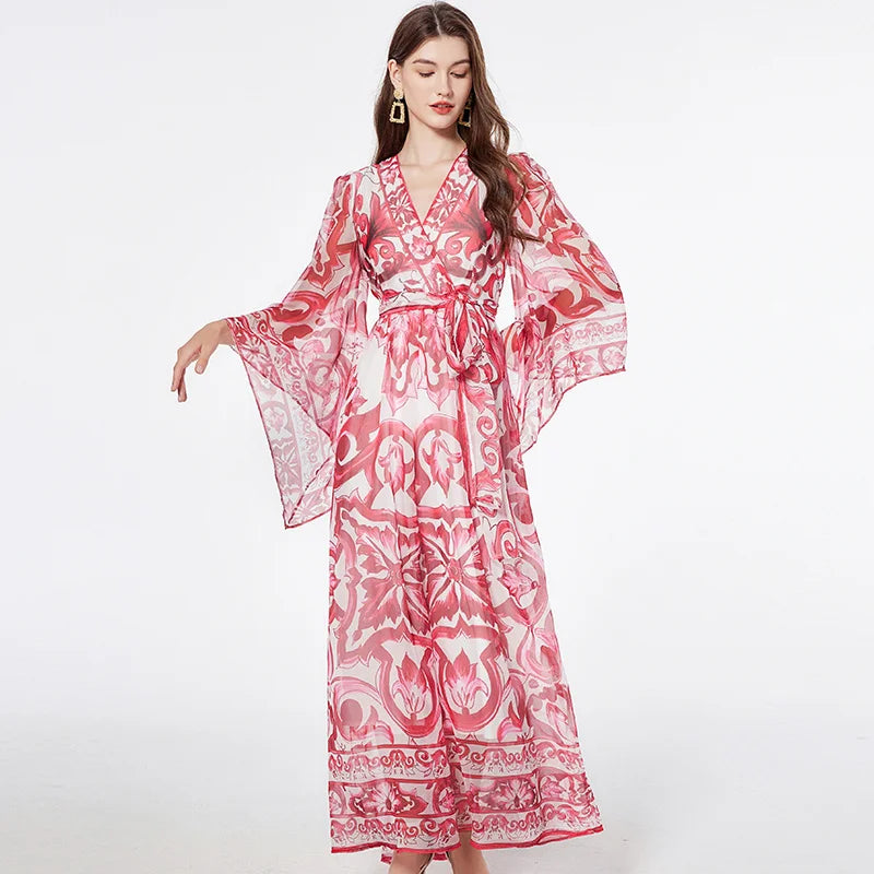 Fashion runway blue white porcelain floral maxi dress for women's summer autumn long sleeve flower printing dresses lady Red