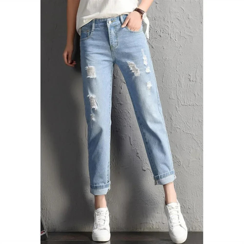 Casual High Street Denim Pants Women Fashion Mid Waist Big Ripped Hole Jeans Sexy Vintage Pencil Calca High Waisted Jeans