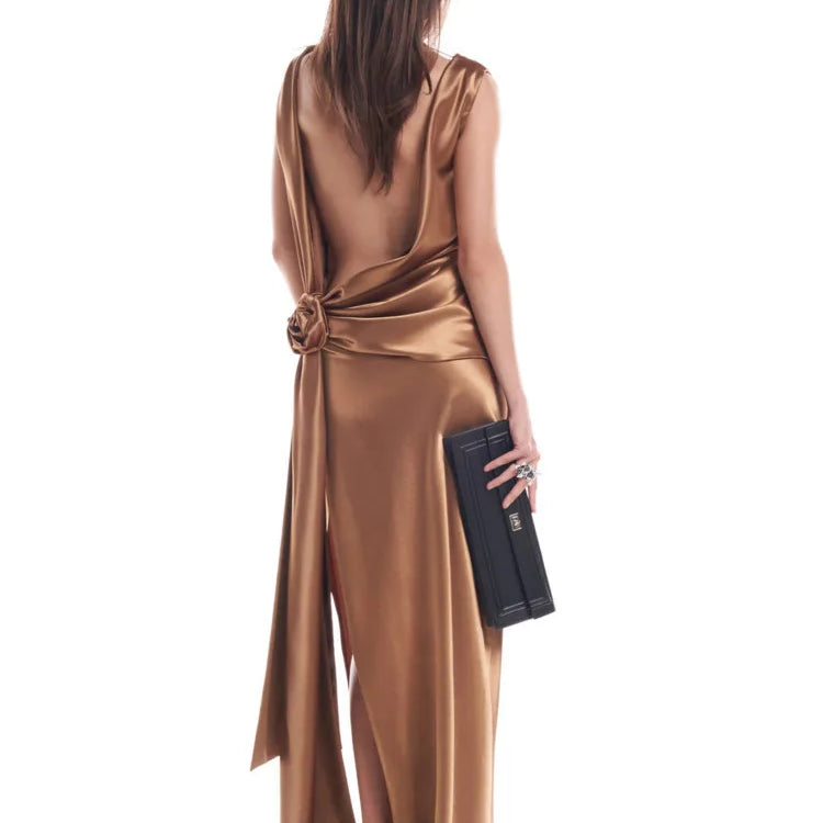Satin Backless Sexy Maxi Dress For Women Elegant Rose Thigh High Split Beach Holiday Long Dress Gorgeous Club Gown