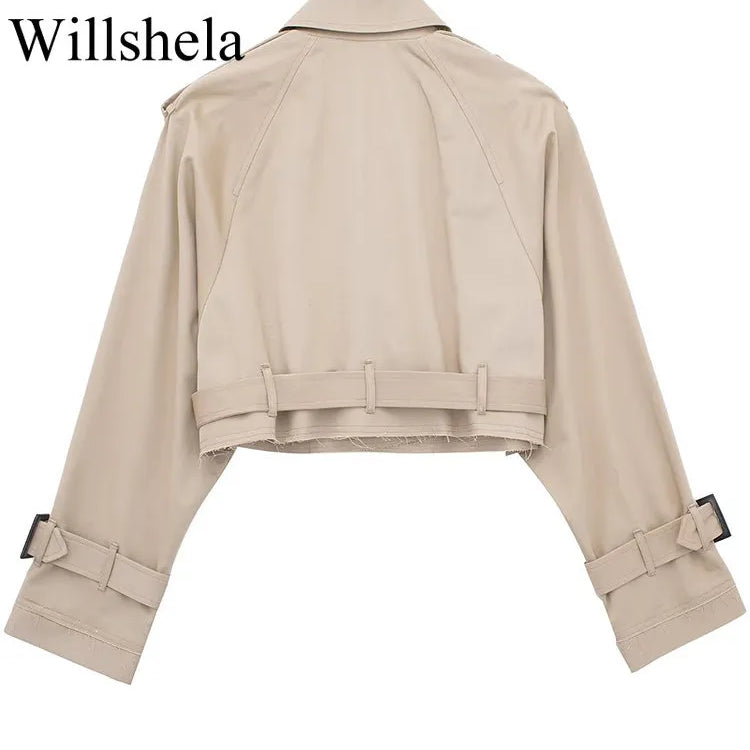 Willshela Women Fashion With Belt Cropped Trench Jacket Vintage Notched Neck Long Sleeve Female Chic Lady Coat Outfits