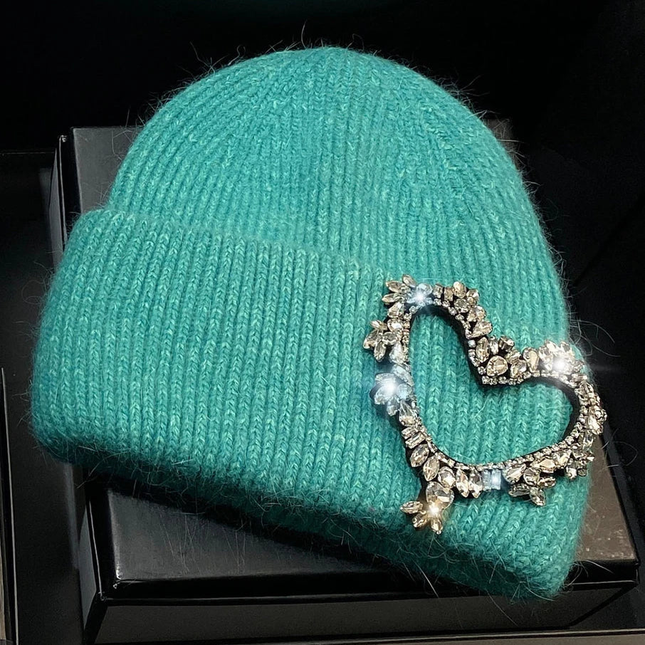Luxury Heart Rhinestone Winter Beanies Women Solid Color Real Rabbit Fur Knitted Hat Lady Fashion Warm Pullover Caps Gifts green Adult