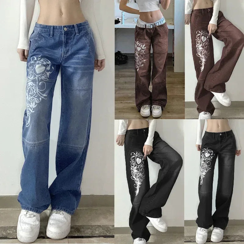 Y2K Solid Color High Waist Streetwear 90S Baggy Jeans Women Pants Straight Wide Leg Jeans Harajuku Printed Cargo Jeans