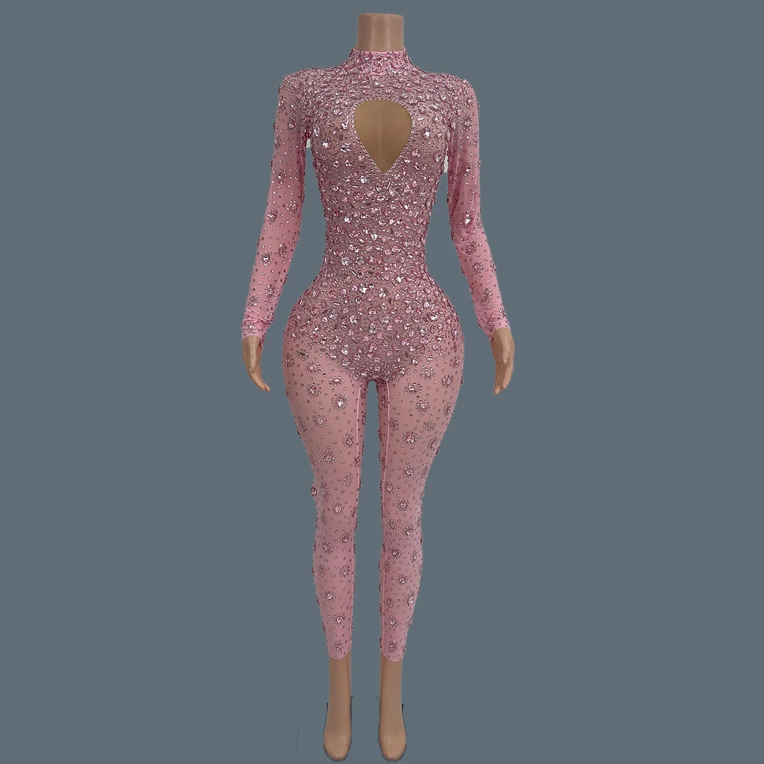 Sparkly Rhinestone See Through Mesh Tight Fitting Jumpsuit Women Night Party Outfit Female Singer Stage Performance Wear Cuican