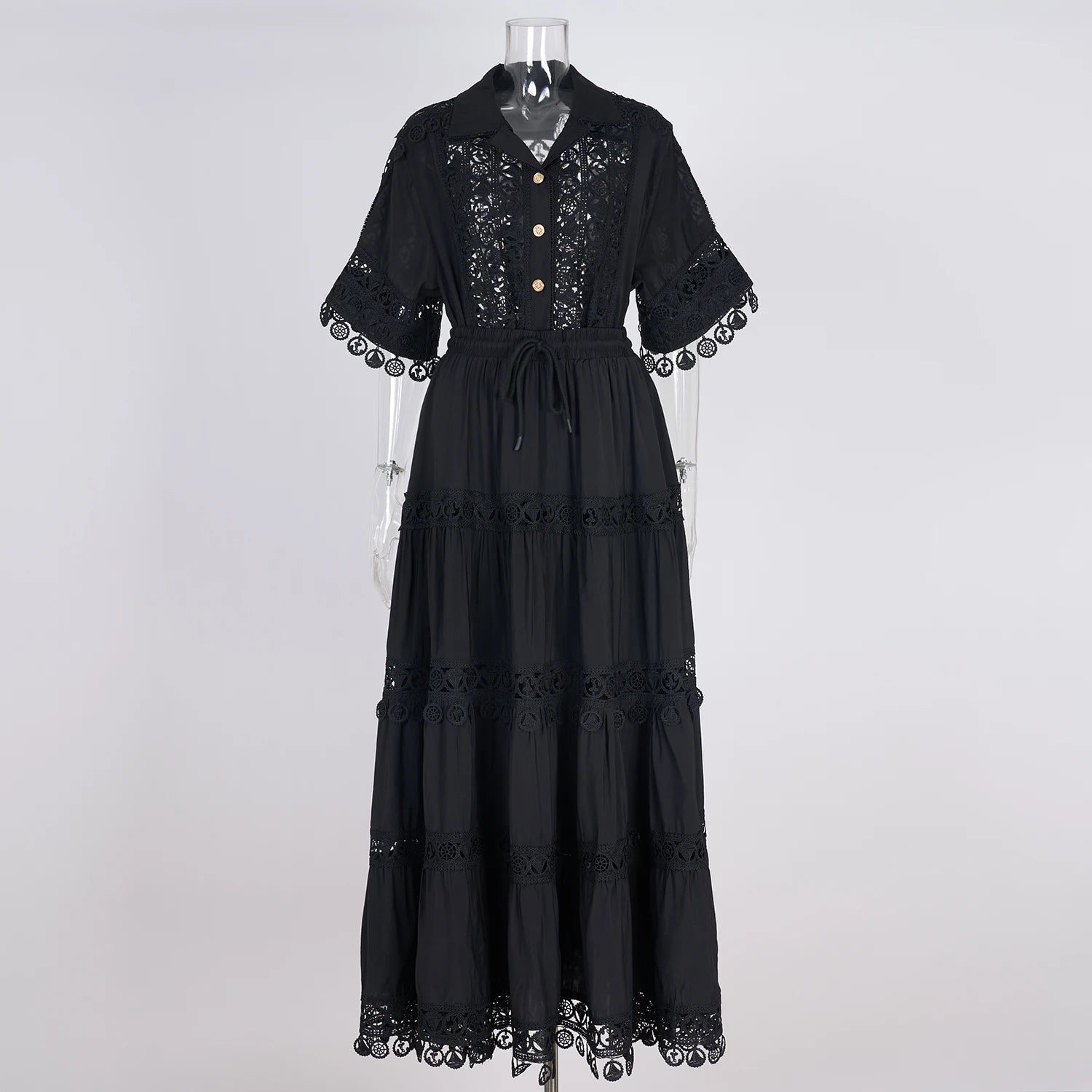 Summer Holiday Embroidery 2 Piece Sets Women Hollow Out Loose Shirt Top + Elastic Waist Maxi Skirts Suits Streetwear Y2k Outfits