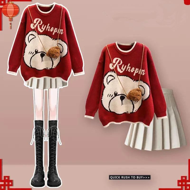 Winter Warm Lucky Red Sweater Pleated Mini Skirts 1 or 2 Piece Set Women Cute Bear Knit Pullover Skirt Outfits Top with Bag Red Beige Set