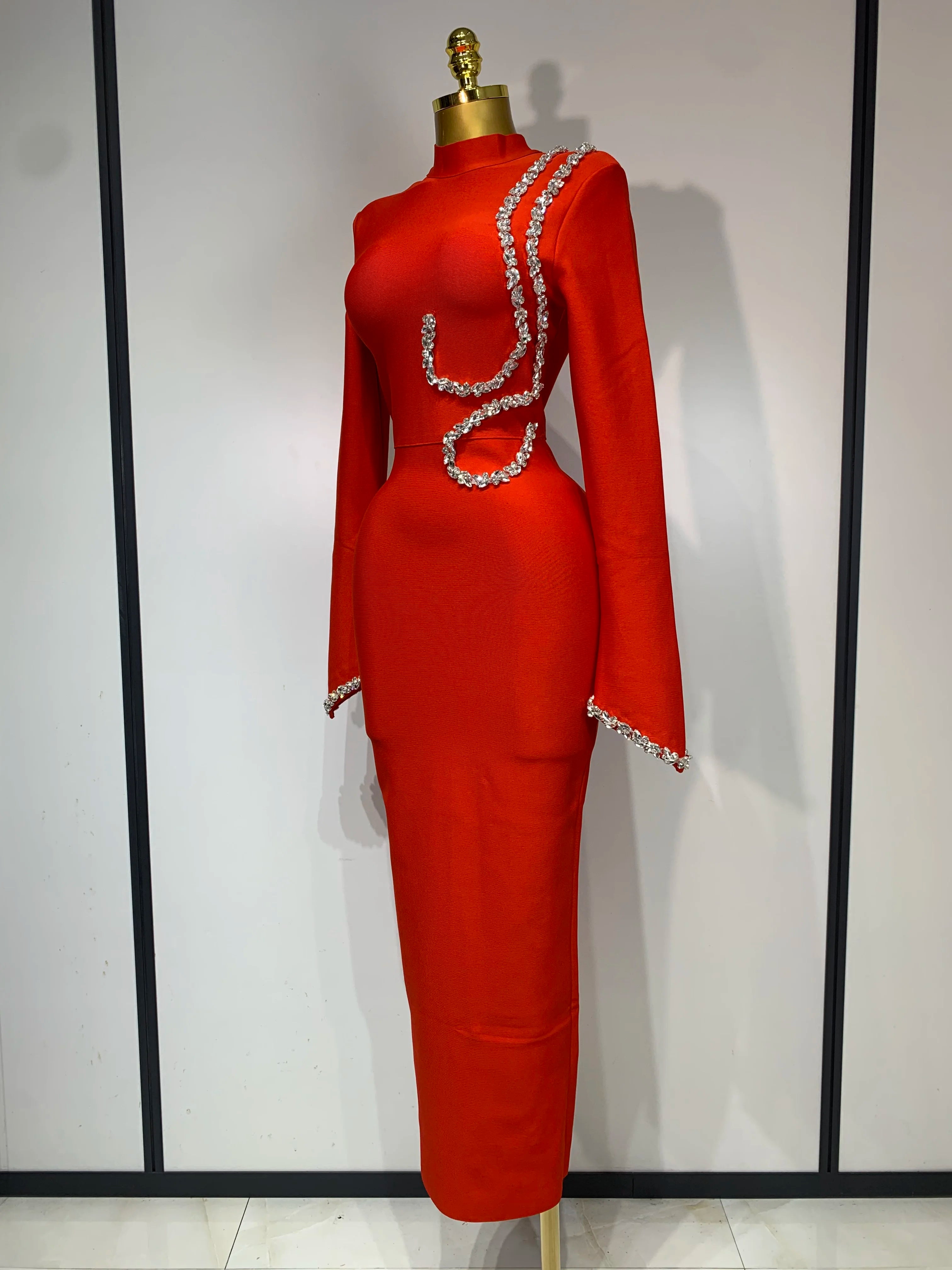 Women Sexy Long Sleeve Diamonds Maxi Long Bodycon Bandage Dress 2025 Celebrity Elegant Evening Party Luxury Birthday Dresses