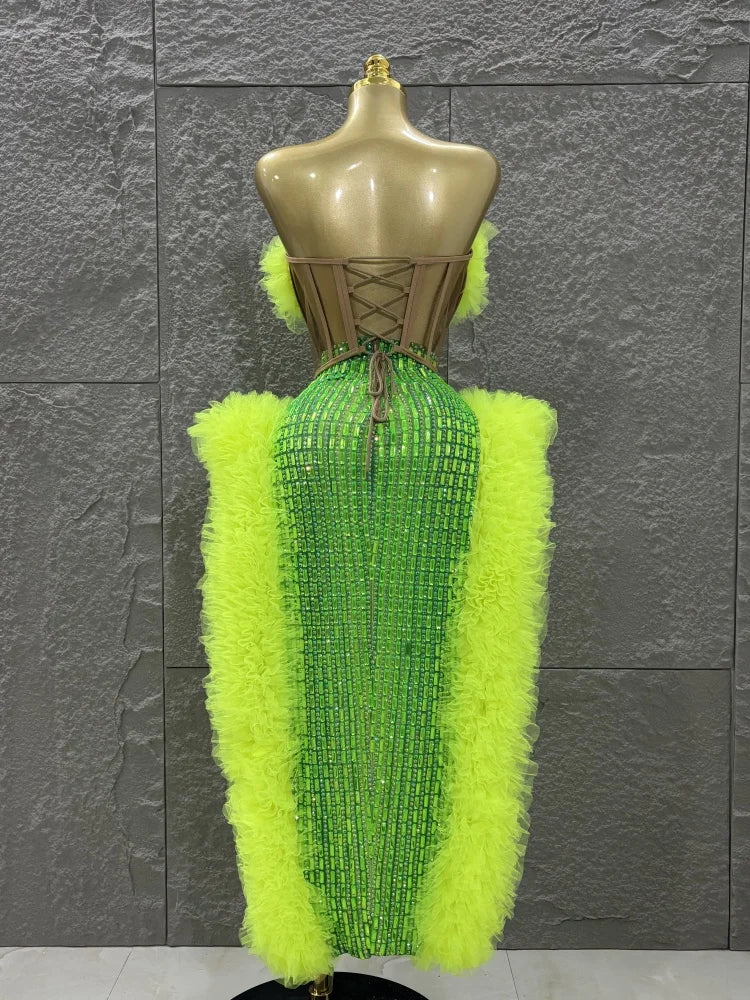 STOCK Women Sexy Mesh Ruffles 2 Pieces Laced-up Ball Gown Long Dress Fashion Nightclub Party Performance Costume Stage Wear