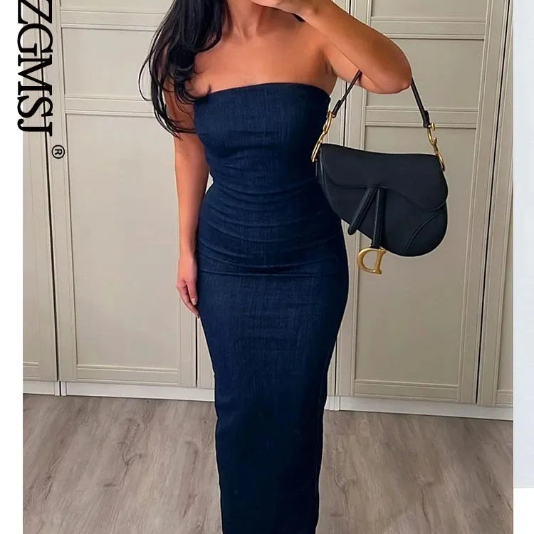 NLZGMSJ TRAF Seksikäs olkaimeton Backless Zipper Split Dress Party Sininen denim Naisten pitkä mekko naisille Summer Evening Drekes