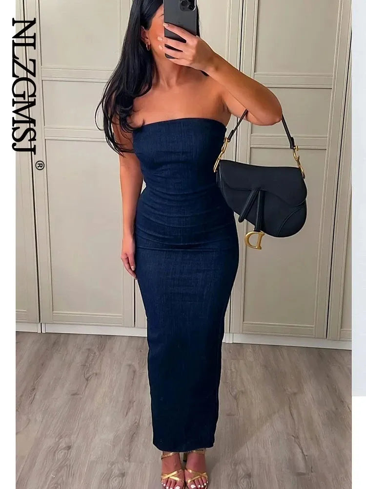 Nlzgmsj Traf Sexy Strapless Sırtsız Fermuarı Bölünmüş Elbise Partisi Mavi Denim Kadın Uzun Elbise Kadınlar Yaz Akşam Elbise