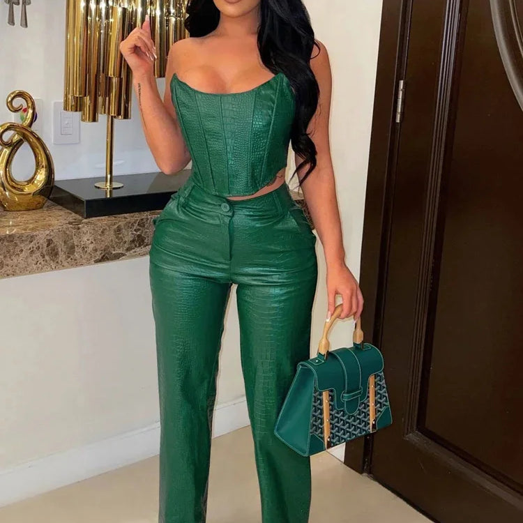 Women's Green Corset Cut-Out Cargo Metallic Jumpsuits PU Leather Matching Set Sexy Clubwear 2 Piece Outfits
