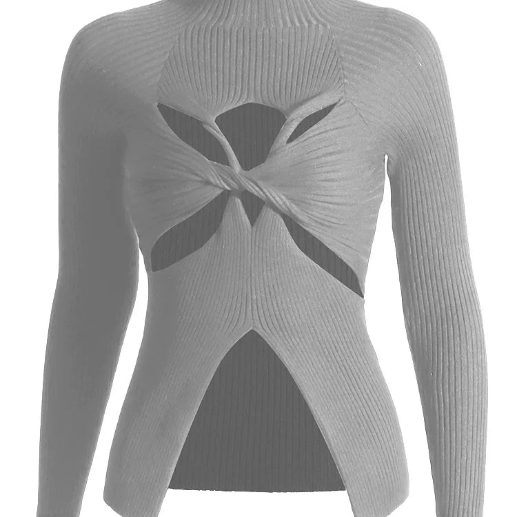 Slimming Crisscross Hollow Out Knitting Sweaters For Women Round Neck Long Sleeve Solid Casual Chic Sweater Female