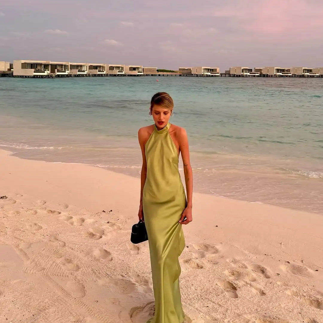 Elegant Green Satin Sleeveless Maxi Dress Chic Stand Neck Lace Up Backless Dresses New Female Summer Vacation Beach Vestido 2025