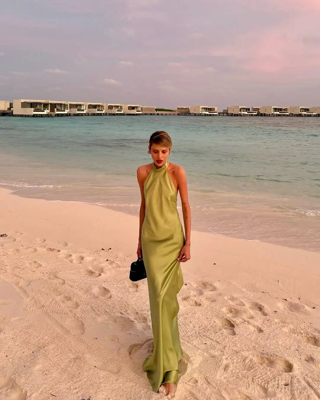 Elegant Green Satin Sleeveless Maxi Dress Chic Stand Neck Lace Up Backless Dresses New Female Summer Vacation Beach Vestido 2025