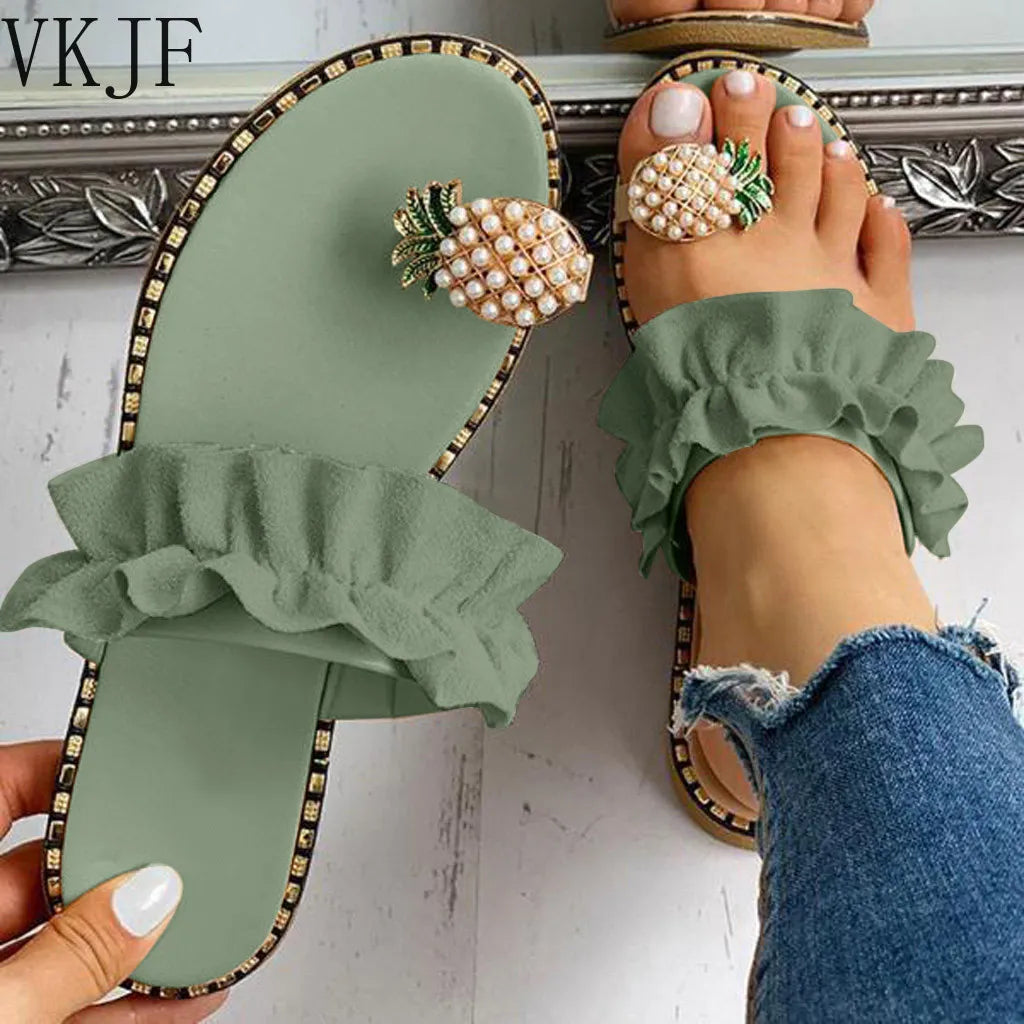 Women Slipper Pineapple Pearl Flat Toe Bohemian Summer Beach Sandals Ladies Shoes plus size Mujer Verano