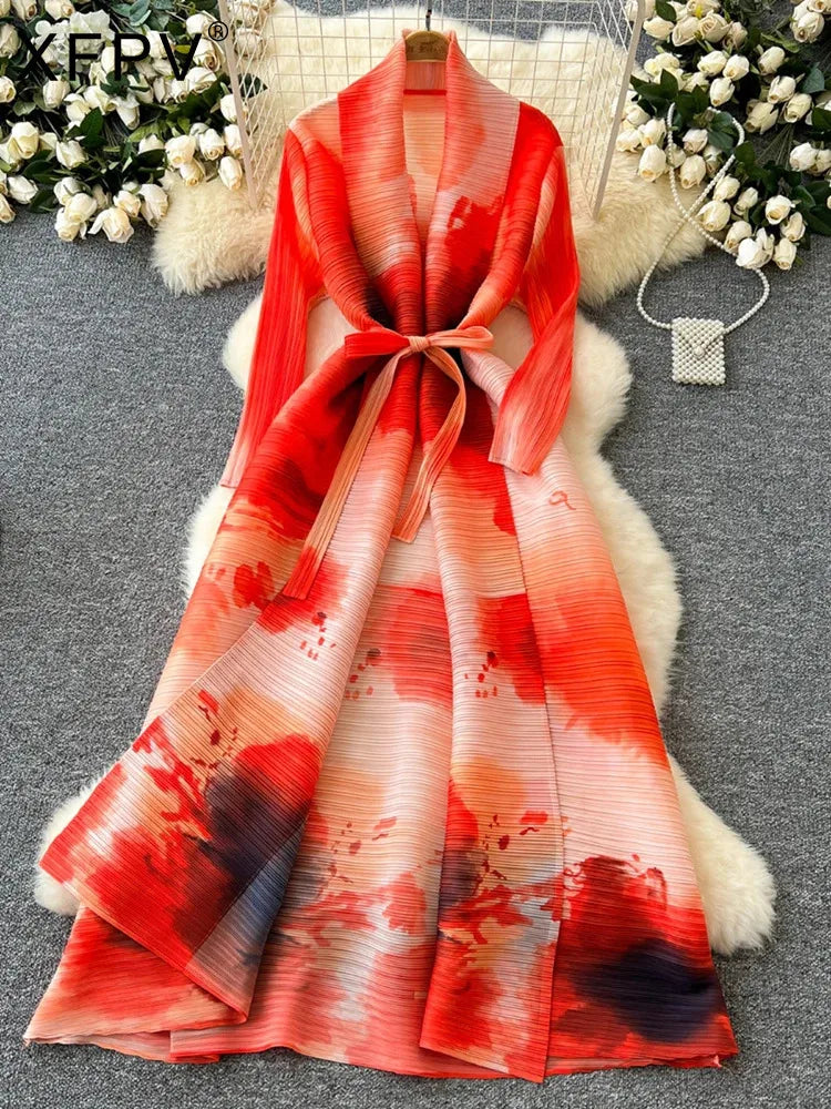 XFPV Elegant Style Long Sleeve Lapel Waist Cinching Strap Pleated Print Dress Vestidos For Women Y2k Korean Fashion Autumn 2024