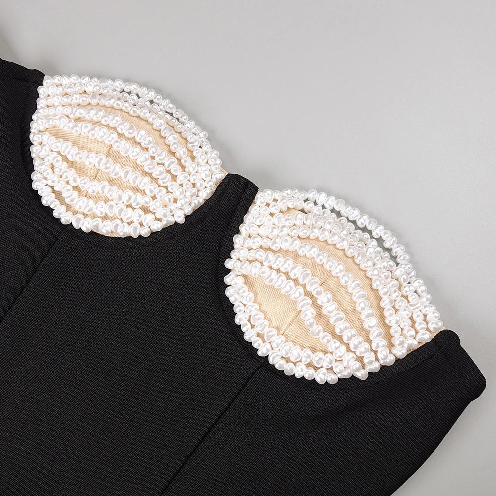 TWOTWINSTYLE Patchwork Pearls Asymmetrical Dress For Women Strapless Sleeveless High Waist Split Sexy Dresses Female Fashion New