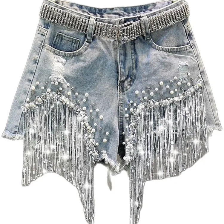 Verão elegante shorts senhora borla beading cintura alta perna larga denim shorts feminino casual sólido shorts jeans para roupas femininas 