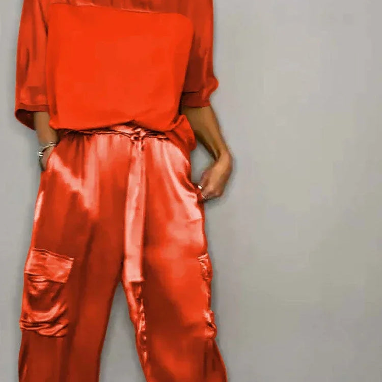 Summer Fashion New Elegant Women's Plus Size Set Street View Smooth Satin Half Sleeve Shirt Casual Pants Sports Two Piece Set