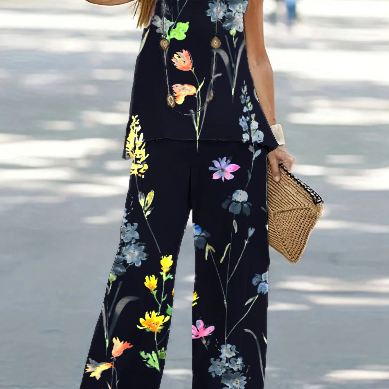 1XL-8XL Plus Size Women's Casual Outfits Two Piece Set Solid Round Neck Tank Top  Wide Leg Pants Outfits 2 Piece Set