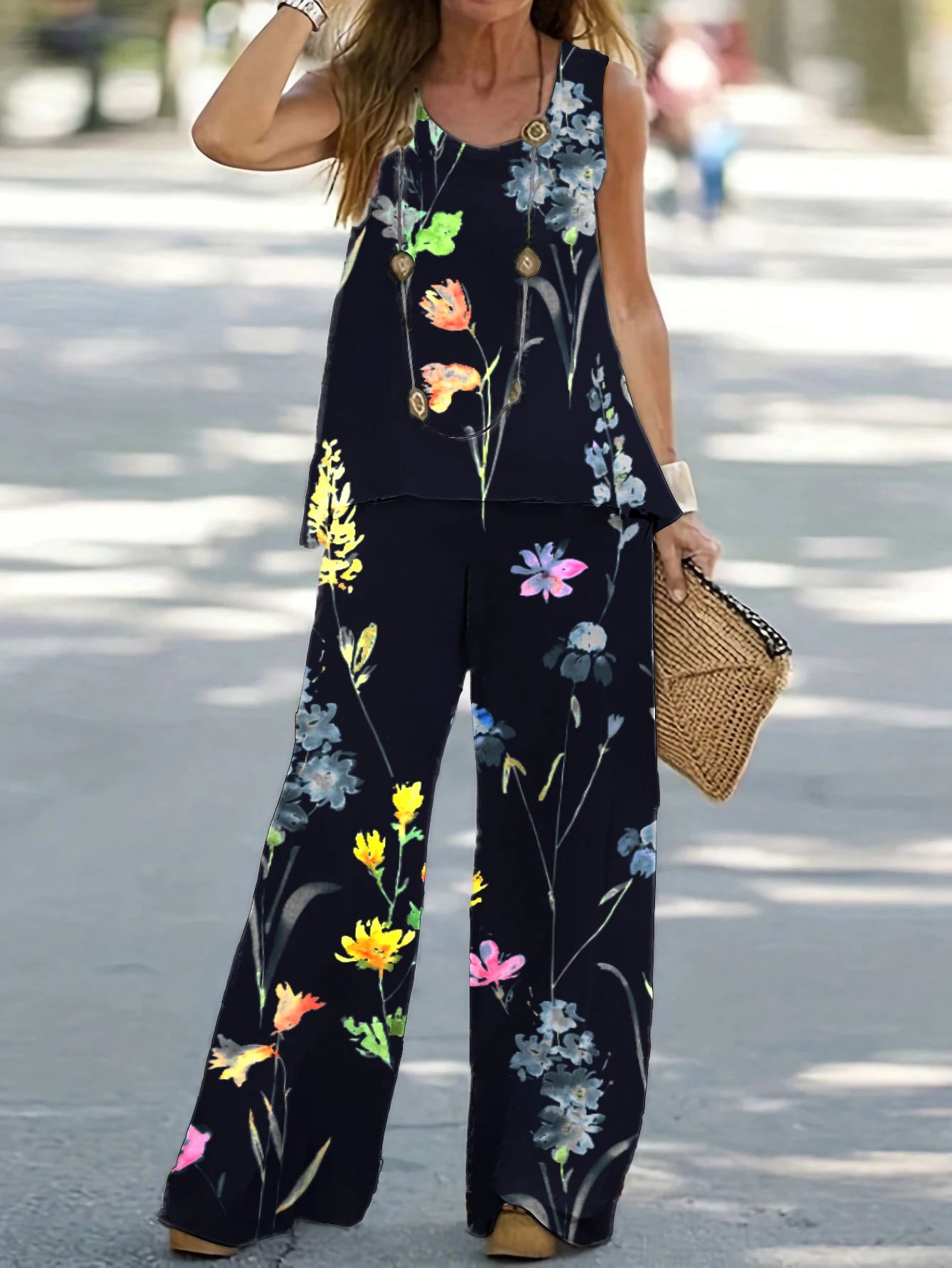 1XL-8XL Plus Size Women's Casual Outfits Two Piece Set Solid Round Neck Tank Top  Wide Leg Pants Outfits 2 Piece Set