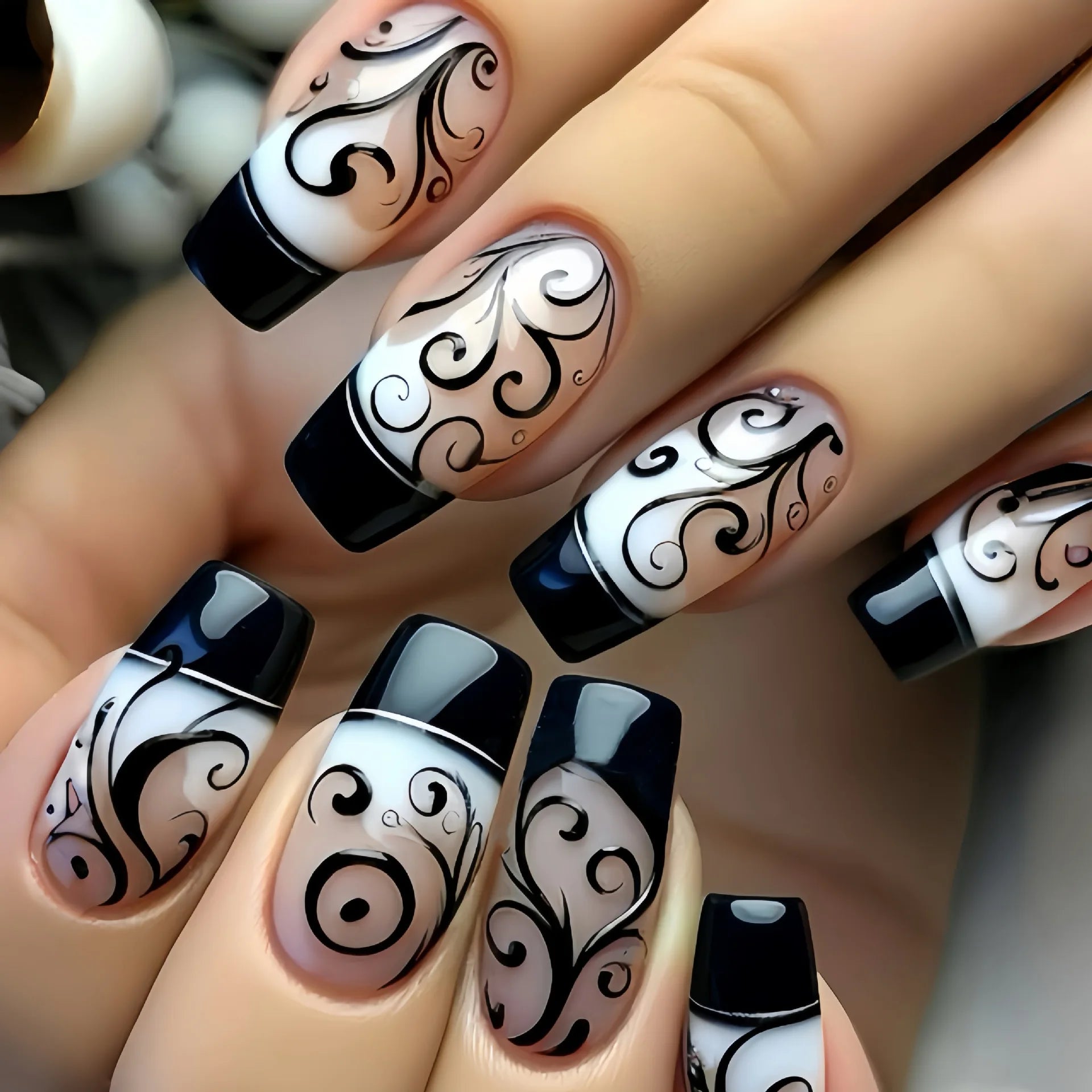 Short middle square ballet fake nails sparkling plant flowers maple leaves gradient Peacock feathers press on false nails set