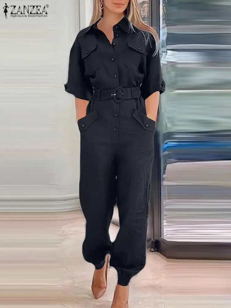 ZANZEA Summer Fashion Work Jumpsuits Woman Lapel Neck Cargo Playsuits Female Elegant OL Party Rompers Loose Pant Oversized 2024 Dark Blue