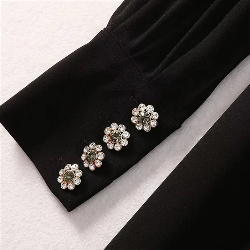 Solid Slimming Spliced Bead Dresses for Women High Neck Lantern Sleeves Temperament Long Dress Female Clothing New