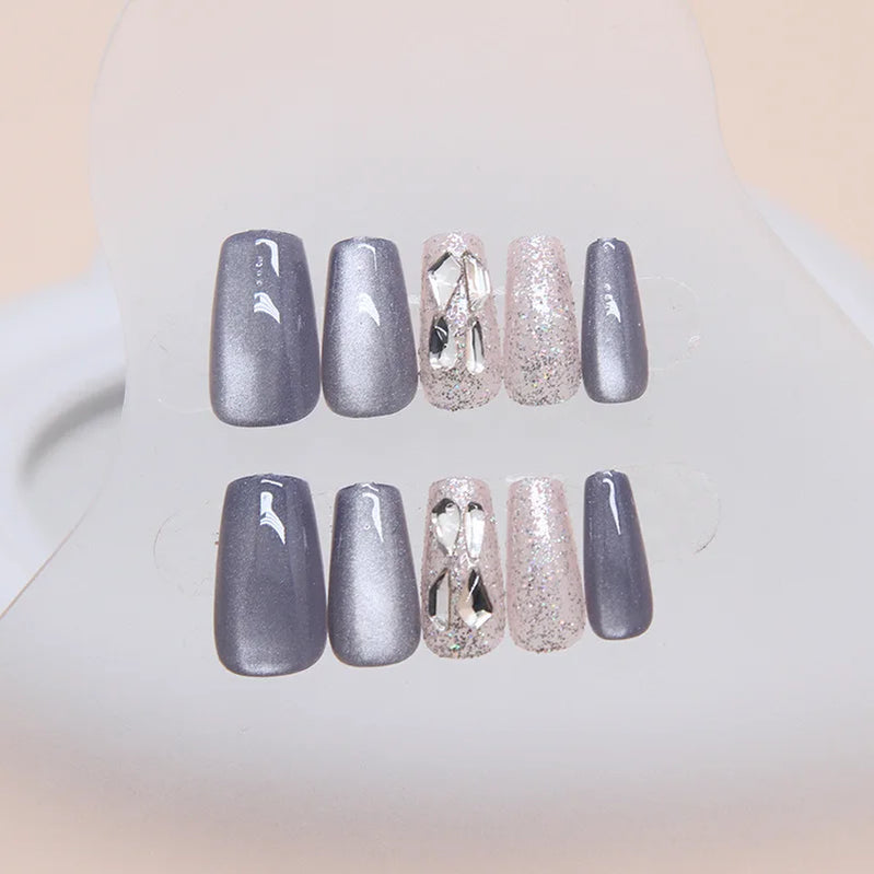 24Pcs Press-On Nails Blue Cat Eye Diamond Medium T-Bar Ballet Nails Fake Nails Perfect for Gifting To Girls and Friends