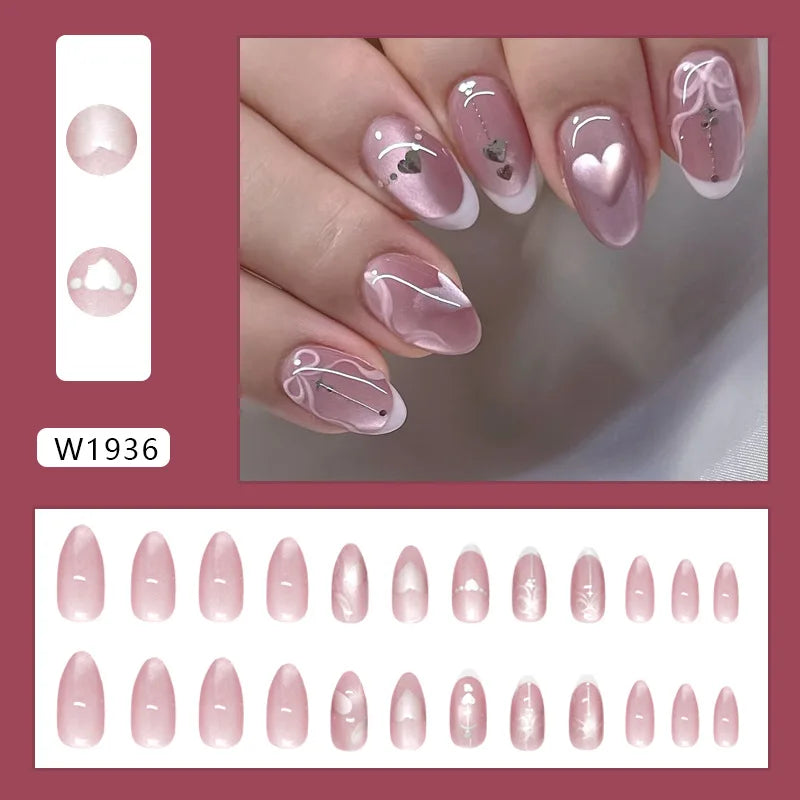 24pcs French Almond Press on Nails Retro Green Cat Eye Fake Nail Tips Detachable Wearable Sweet Cool Spice Girl False Nails