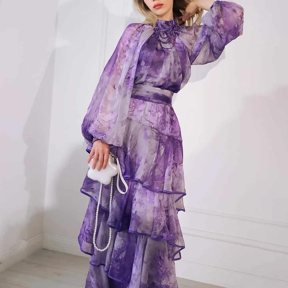 TWOTWINSTYLE Hit Color Sheer Spliced 3D Flower Dresses for Women Round Neck Long Sleeves Patchwork Ruffles Folds Dress Female