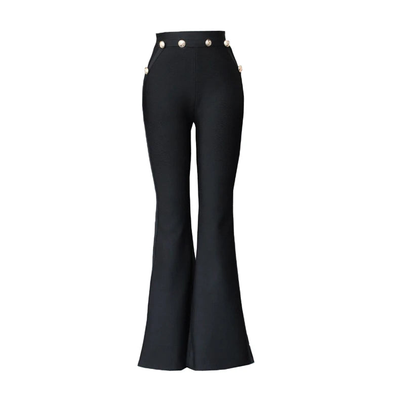 Autumn Women's Pants Gold Button Stretch Bandage Skinny Black Flared Trousers black