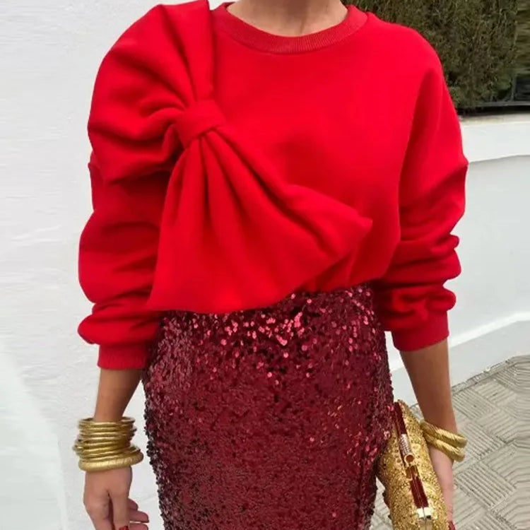 Bow O Neck Women Pullover Long Sleeve Solid Loose Female Tops Spring Fashion Casual All Match Lady Blouses