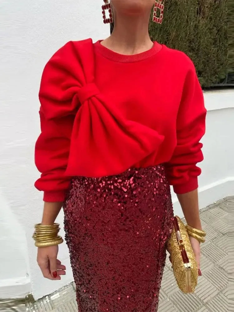 Bow O Neck Women Pullover Long Sleeve Solid Loose Female Tops Spring Fashion Casual All Match Lady Blouses