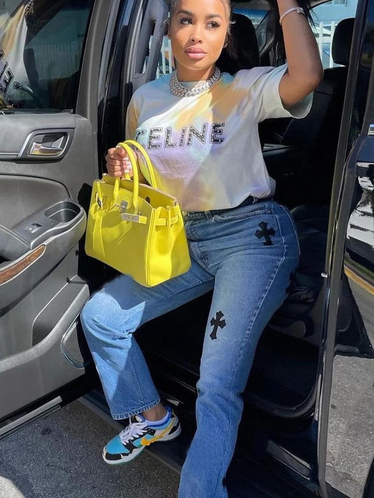 Casual Cross Printed Baggy Jeans Women Low Waist Vintage Straight Denim Trousers Cyber Y2k Goth Pants Fashion Mom Jeans