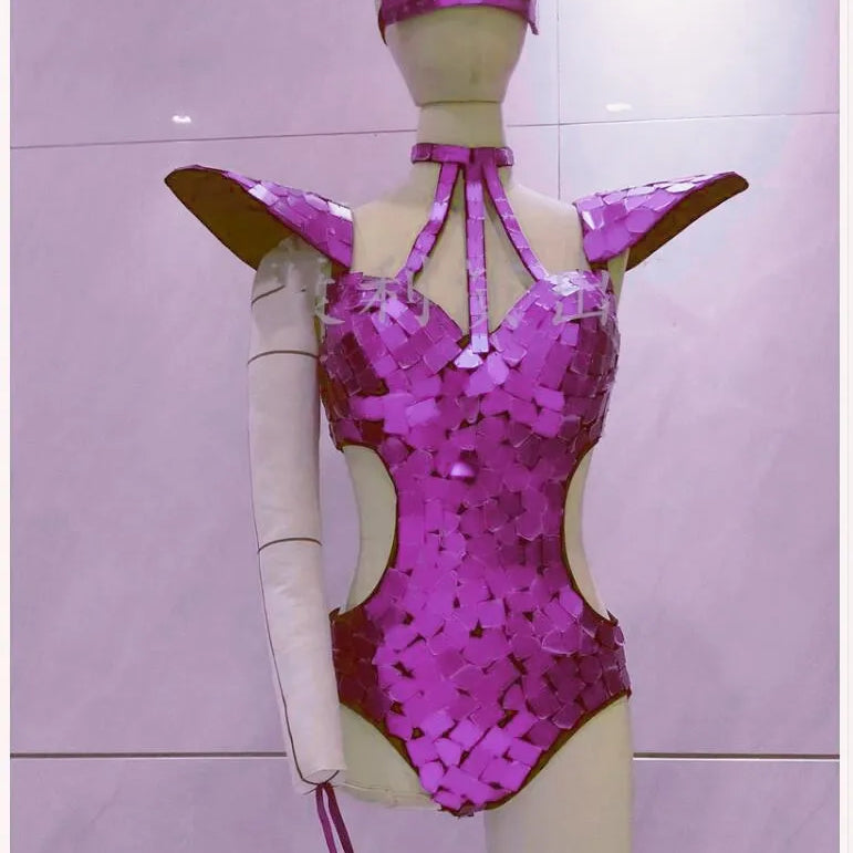 Mirror Bodysuit Women Dance Costume Gold Silver Sequins Fly Shoulder Hollow Out Rave Outfit Stage Performance Clothes Gogo Show Purple
