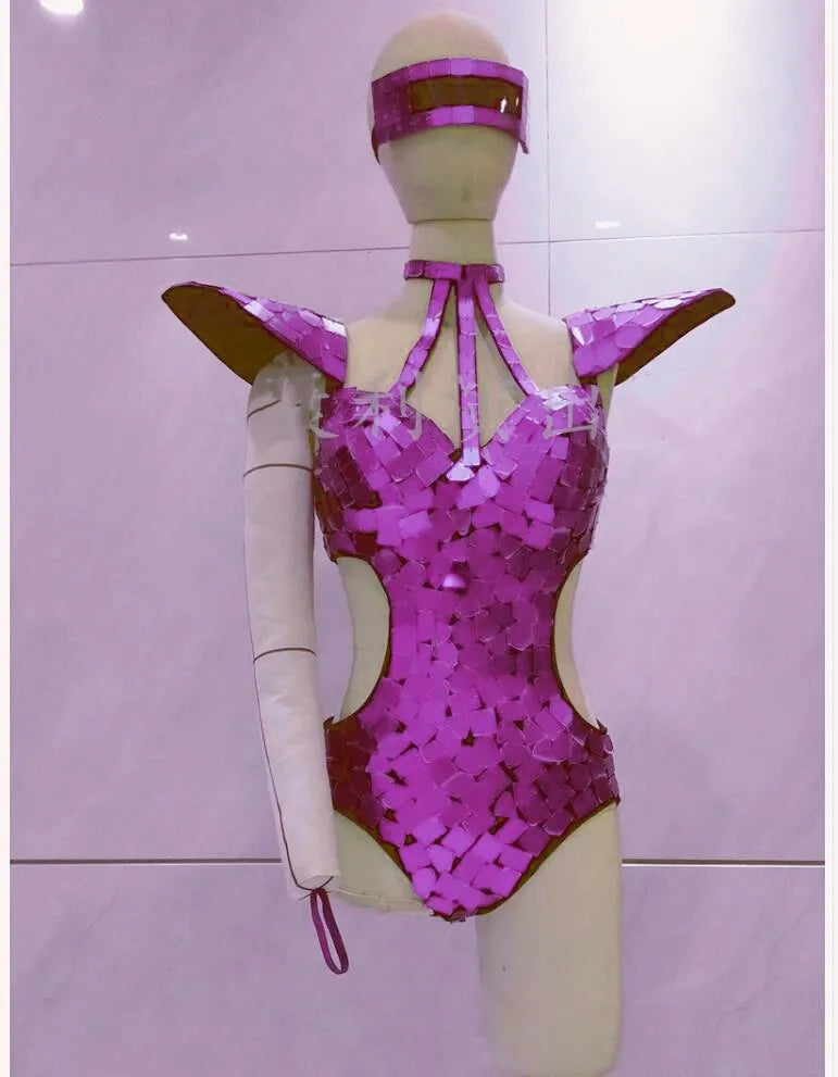 Mirror Bodysuit Women Dance Costume Gold Silver Sequins Fly Shoulder Hollow Out Rave Outfit Stage Performance Clothes Gogo Show Purple