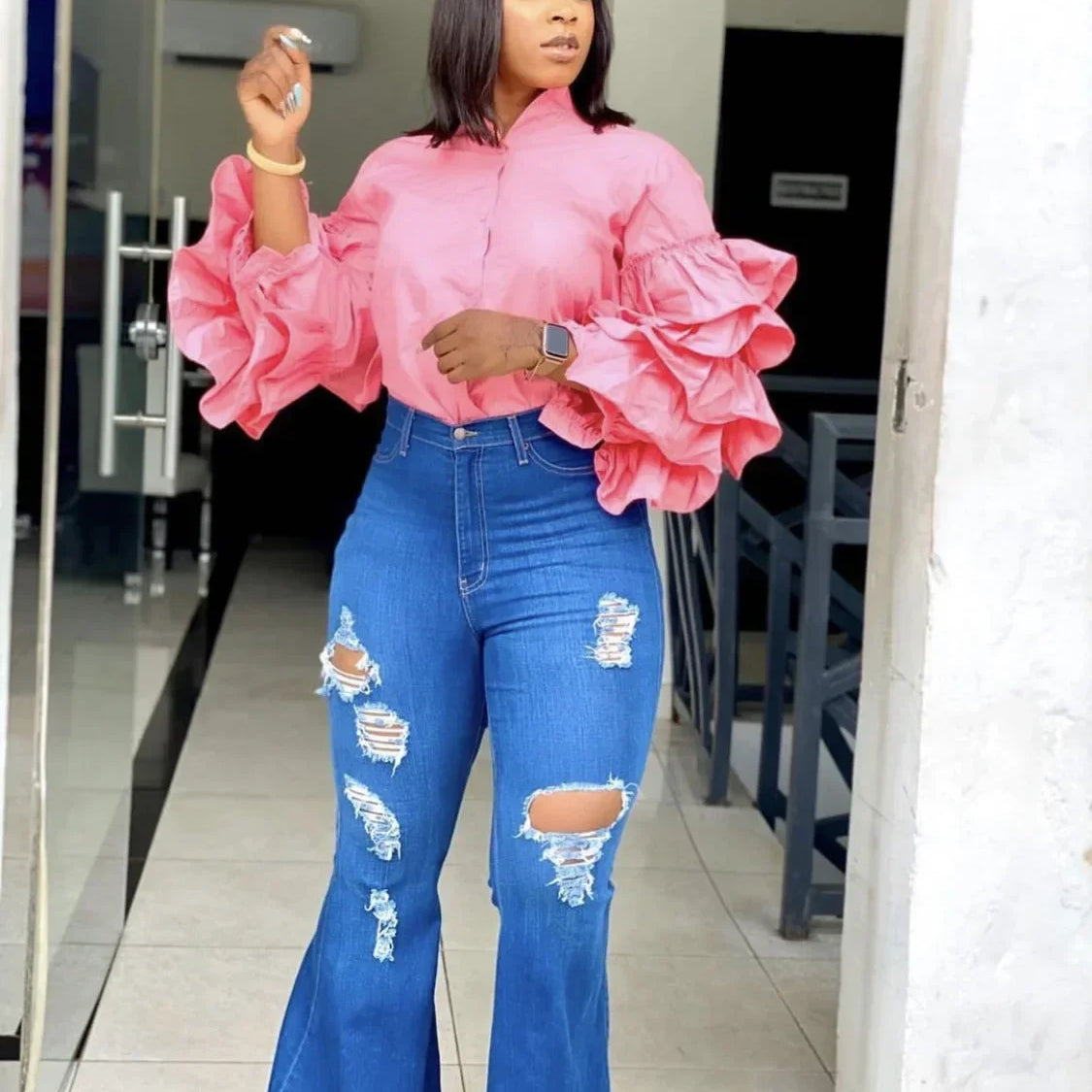 CM.YAYA Women Shirts Solid Full Ruffles Sleeve Turn-down Collar Single Breasted Loose Shirts Office Lady Streetwear Summer Tops