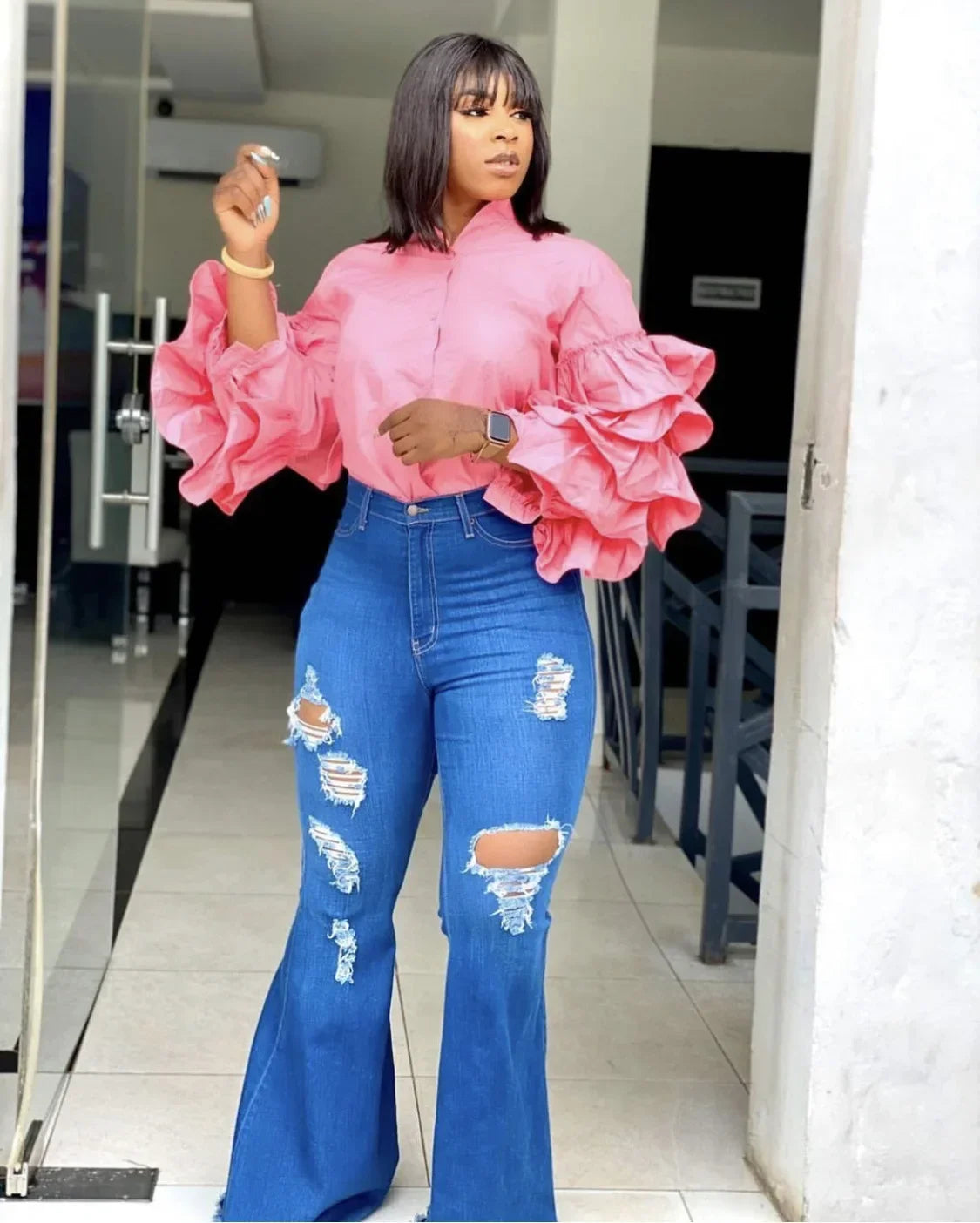 CM.YAYA Women Shirts Solid Full Ruffles Sleeve Turn-down Collar Single Breasted Loose Shirts Office Lady Streetwear Summer Tops