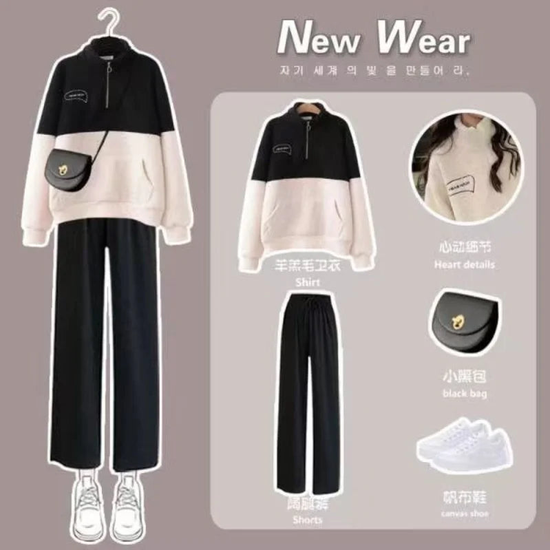 Velvet and Thickened Lamb Hair Outer Set for Women's Autumn and Winter New Korean Casual Wide Leg Pants Fashion Two Piece Set Two-piece suit 04