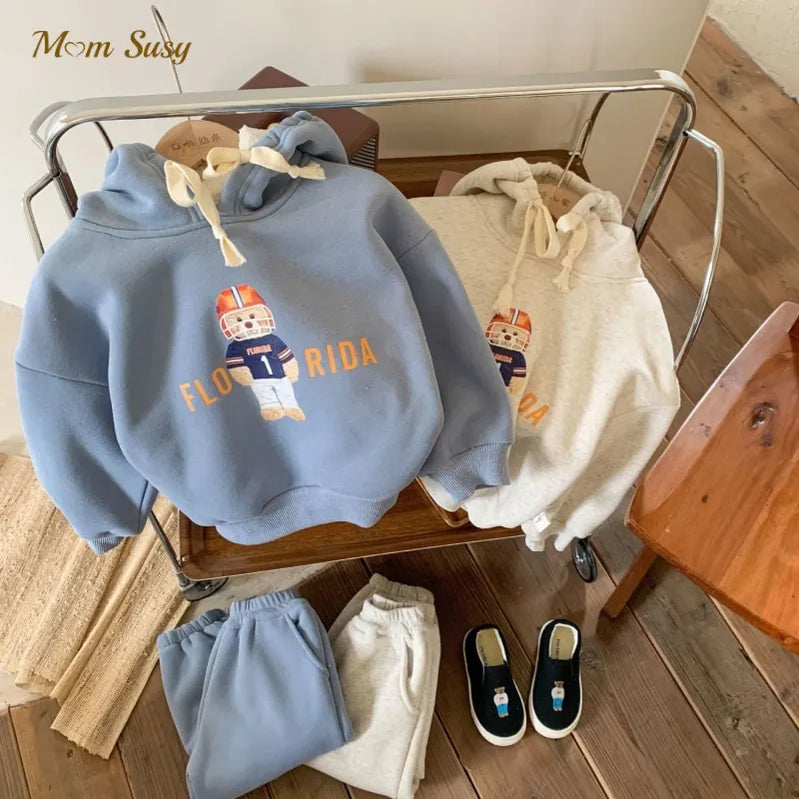 Bebê menina menino velo dentro conjunto de roupas dos desenhos animados impressão hoodie + calça 2 pçs infantil criança criança conjunto de roupas de inverno 1-7y 