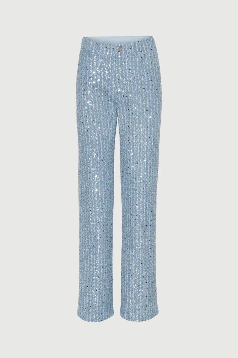 Feilandy Sexy Sequins Strapless Tanks Loose Pants Sets Women's Fashion 2 Piece Skirts Sets Female Luxury Party Club Chic Outfits blue pants